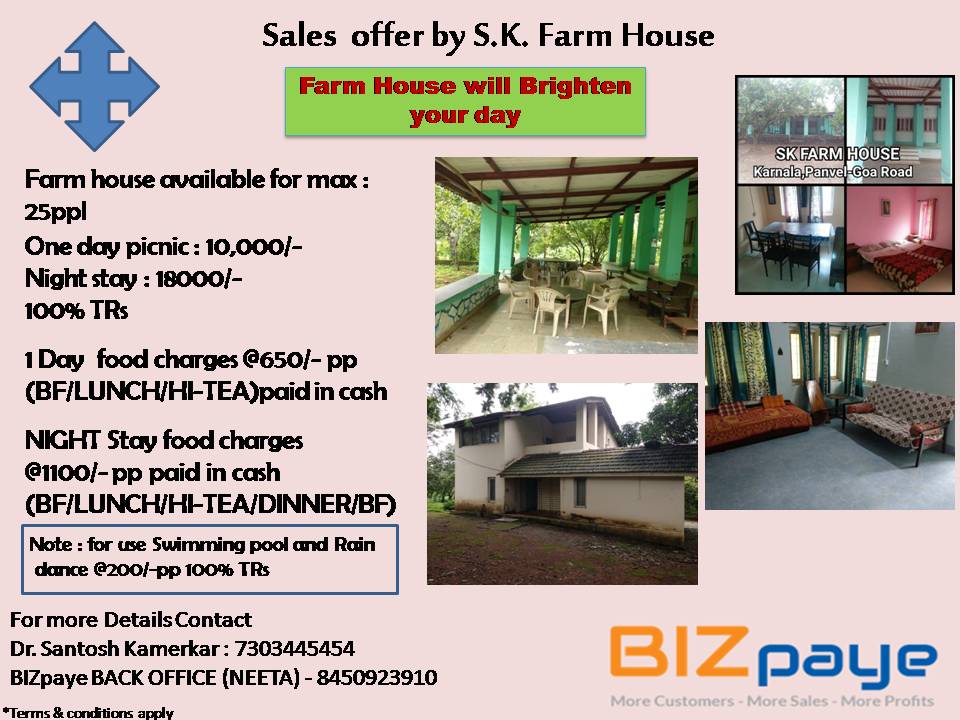 FARM HOUSE STAY ON BIZpaye 100% Trs